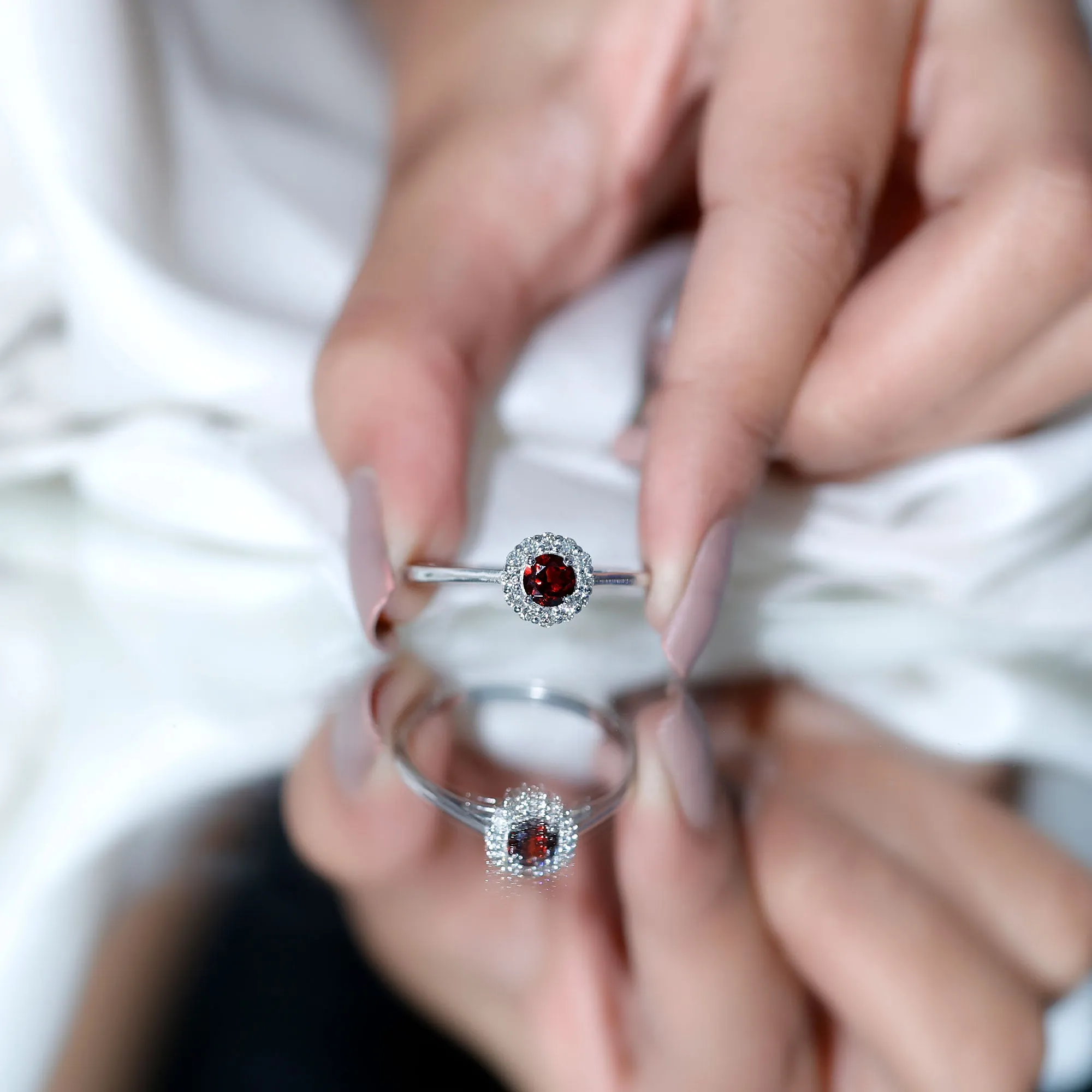 1 CT Garnet and Diamond Floating Halo Engagement Ring