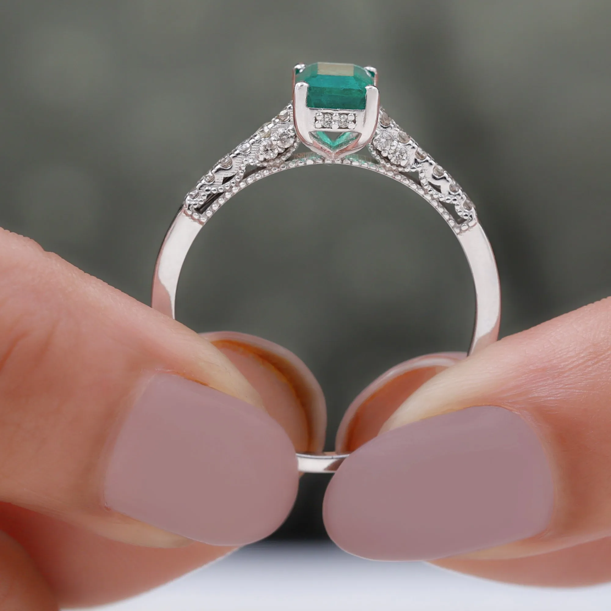 1 CT Octagon shape Emerald Classic Engagement Ring with Diamond Side Stones