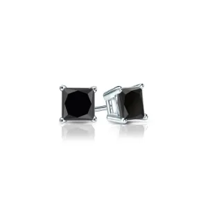 10k White Gold Plated 1 Carat Princess Cut Created Black Sapphire Stud Earrings