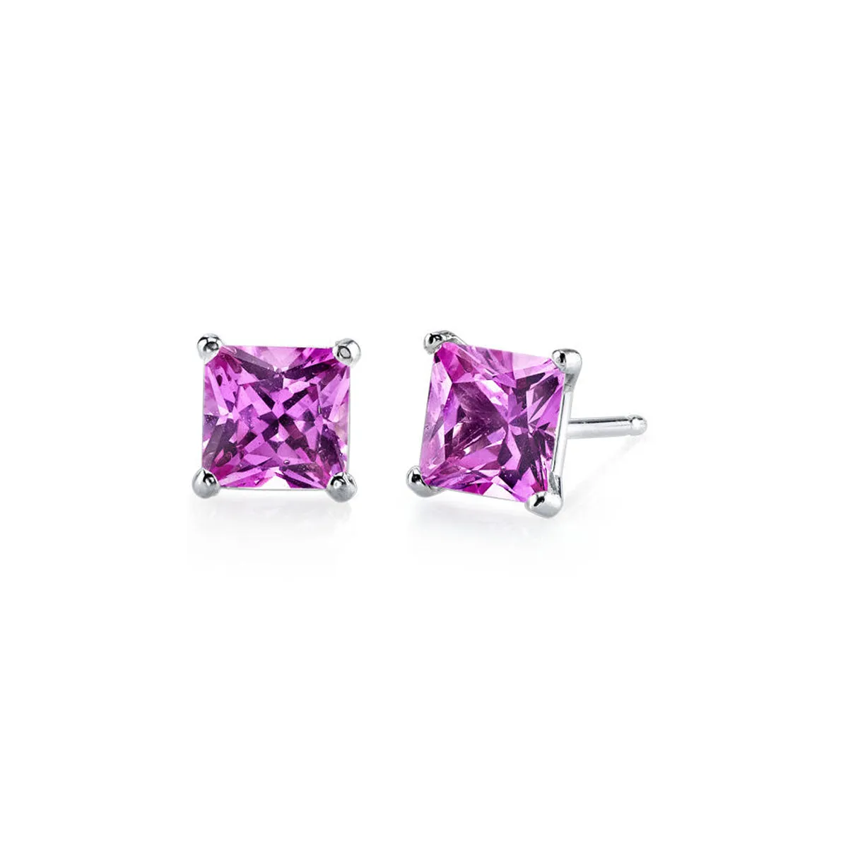 10k White Gold Plated 1/2 Carat Princess Cut Created Pink Sapphire Stud Earrings