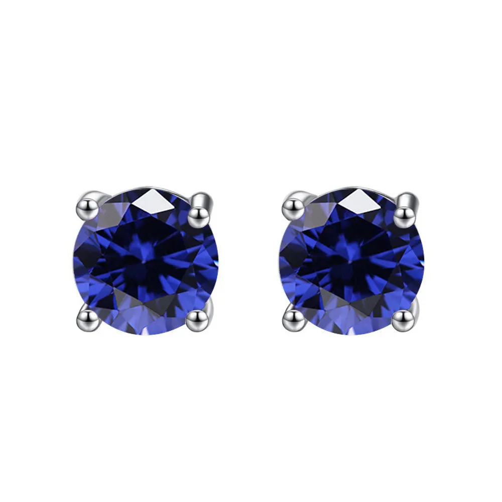 10k White Gold Plated 2 Carat Round Created Blue Sapphire Stud Earrings