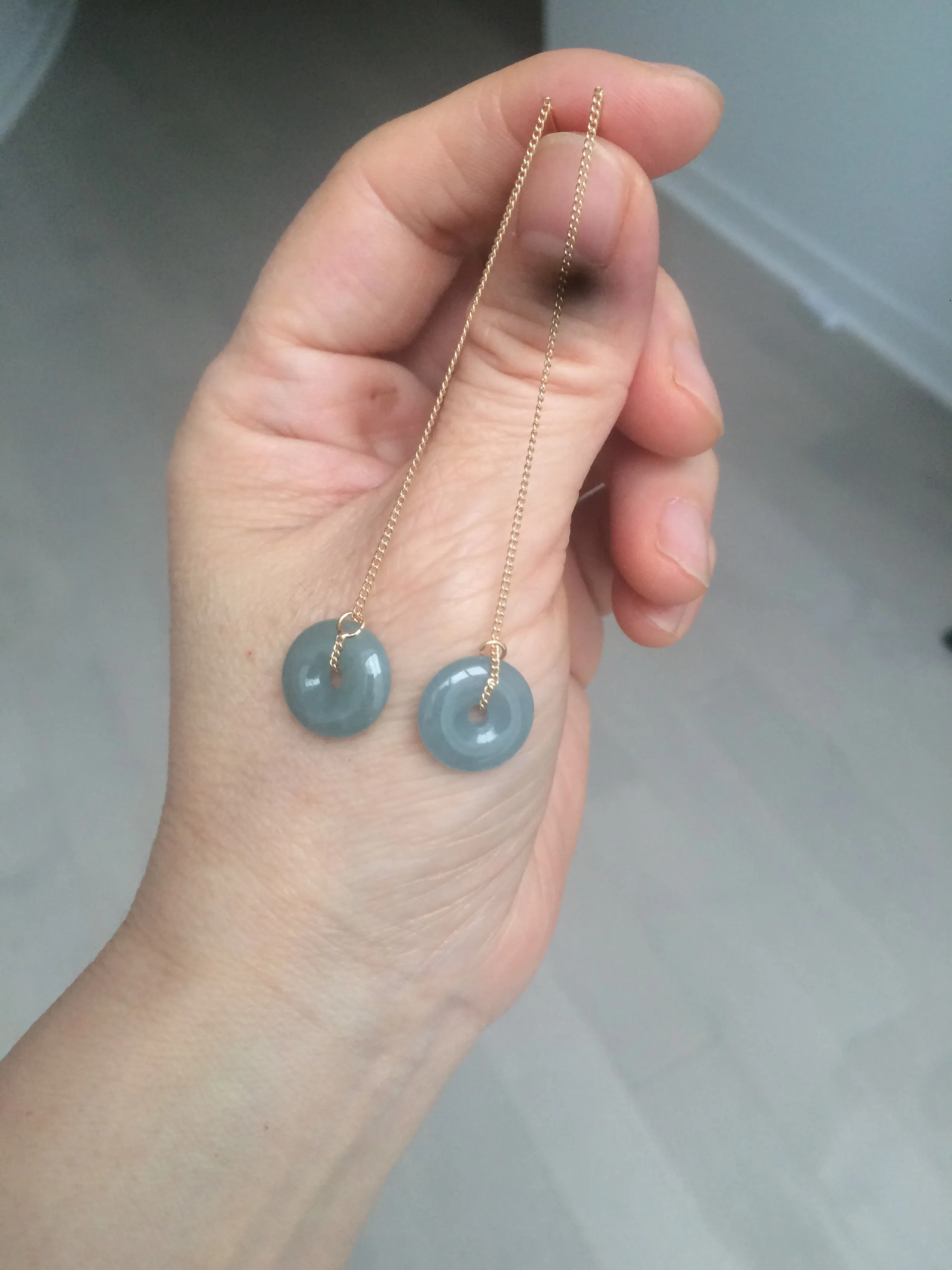 12.5mm 100% Natural blue gray green safe and sound donut button Guatemala jadeite Jade dangling earring AM76