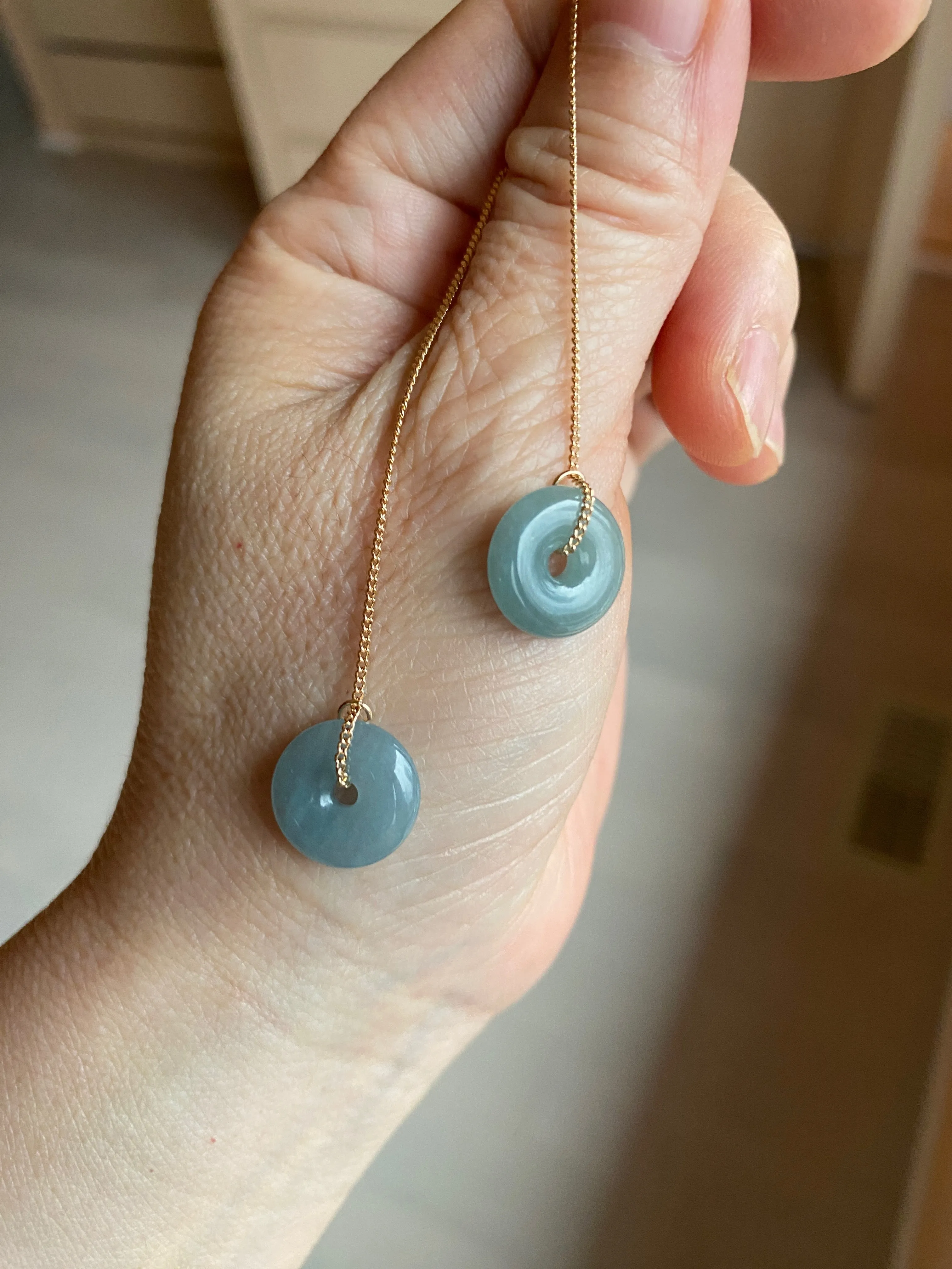 12.5mm 100% Natural blue gray green safe and sound donut button Guatemala jadeite Jade dangling earring AM76