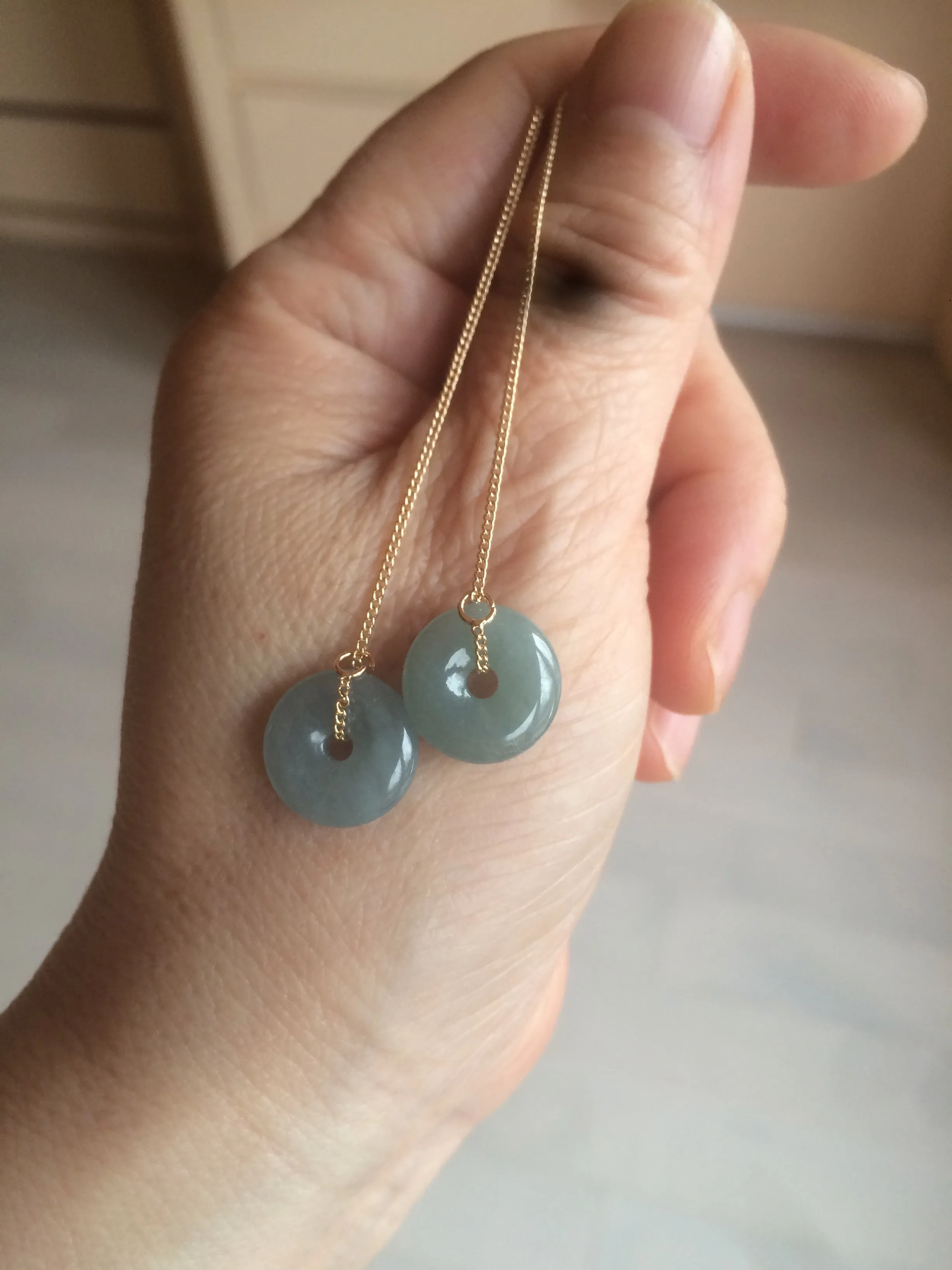 12.5mm 100% Natural blue gray green safe and sound donut button Guatemala jadeite Jade dangling earring AM76