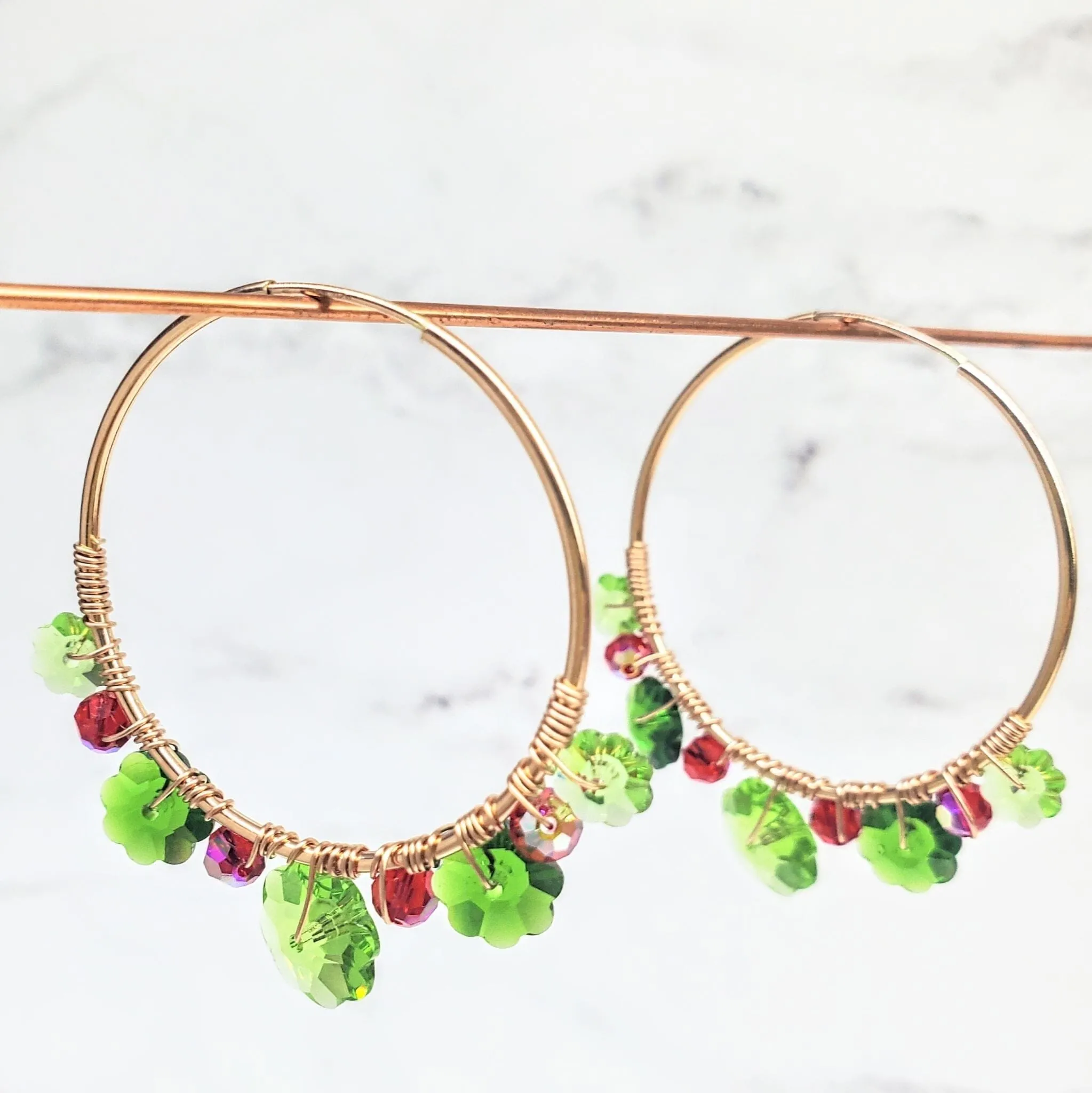 14 K Rose Gold Filled Red and Green  Holly Berry Crystal Hoops