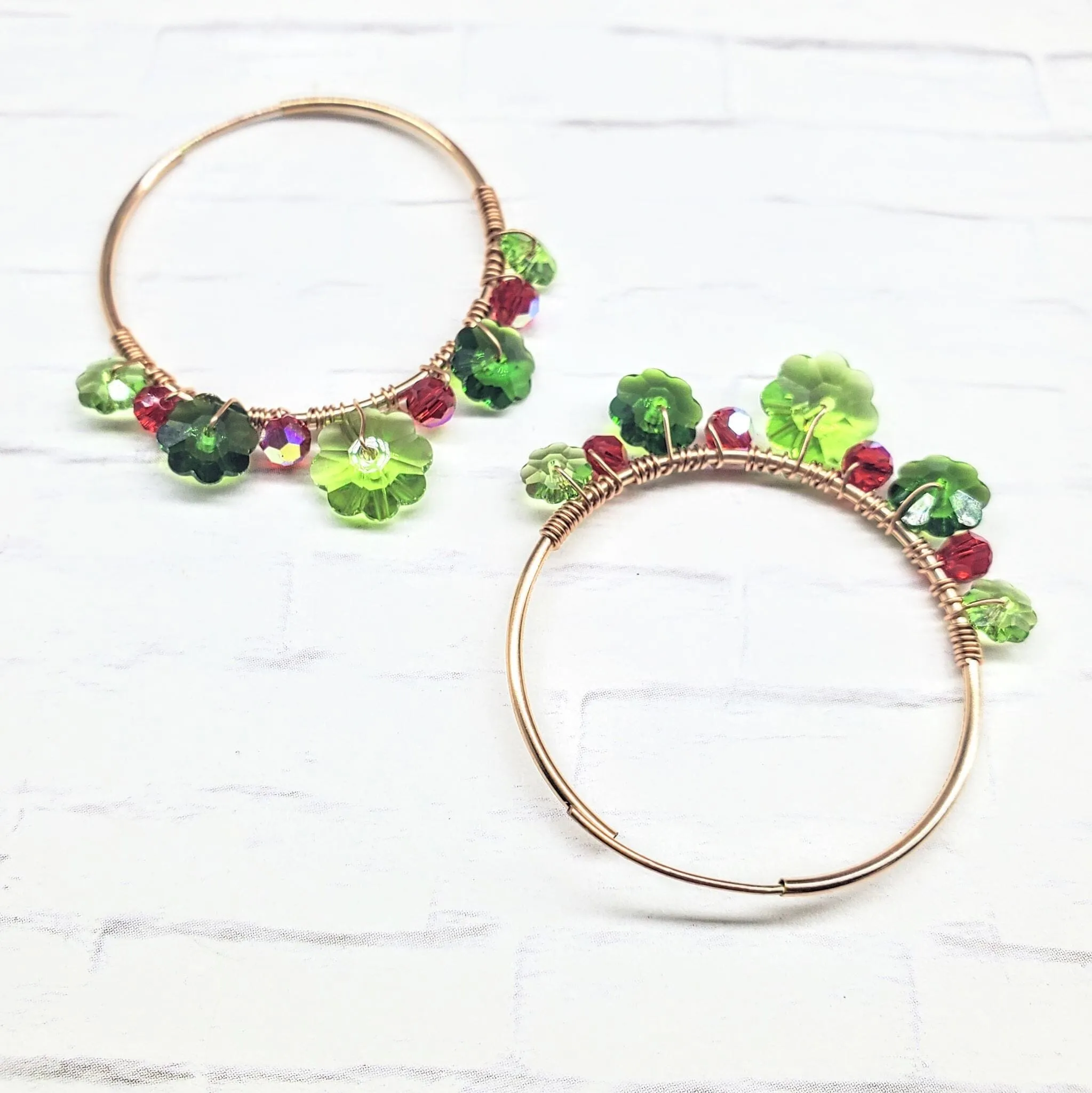 14 K Rose Gold Filled Red and Green  Holly Berry Crystal Hoops