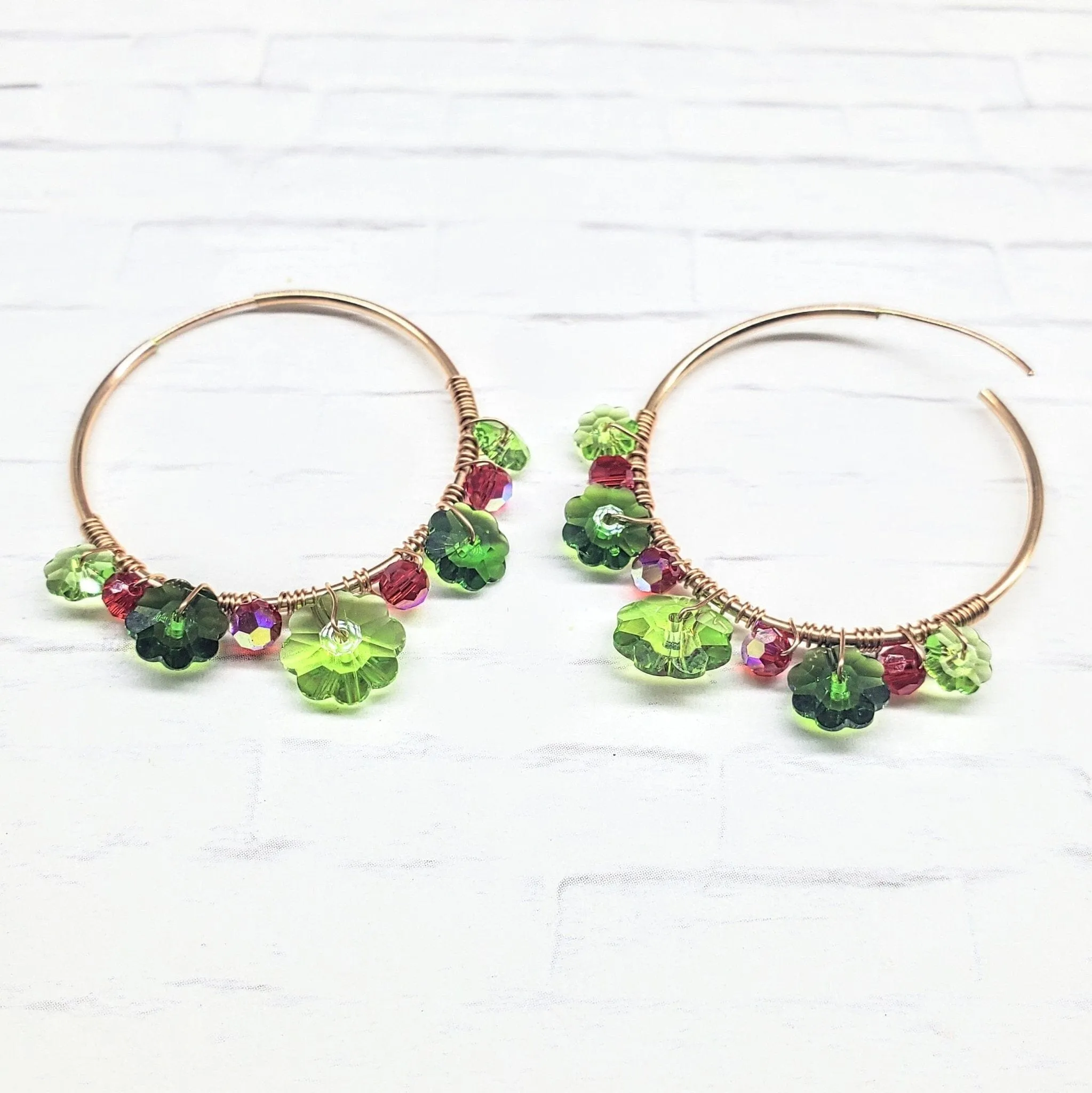 14 K Rose Gold Filled Red and Green  Holly Berry Crystal Hoops