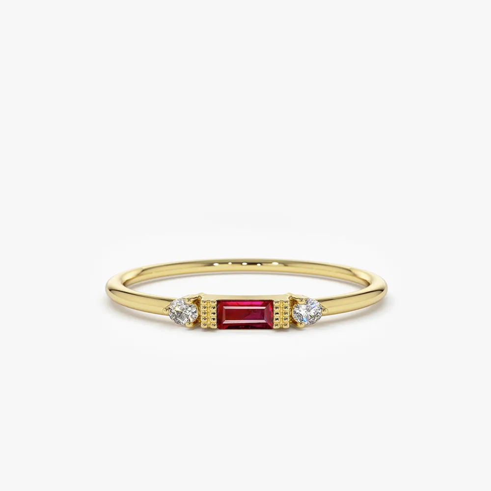 14K Baguette Ruby With Diamond Ring