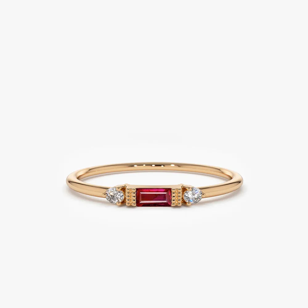 14K Baguette Ruby With Diamond Ring