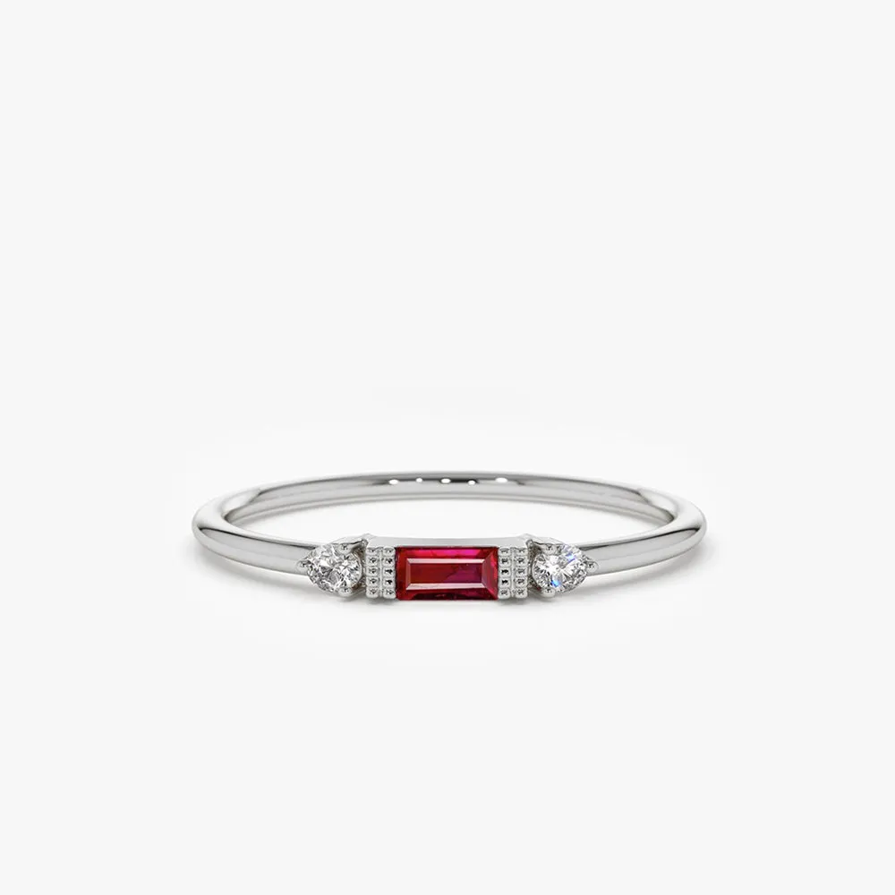 14K Baguette Ruby With Diamond Ring