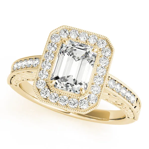 14K Emerald Cut Halo Vintage Engagement Ring