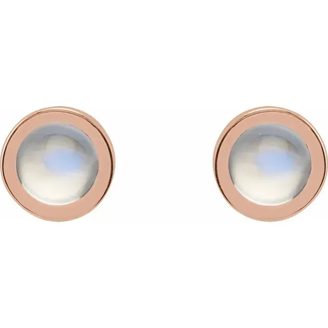 14k Gold Cabochon 4 mm Natural Rainbow Moonstone Bezel-Set Solitaire Stud Earrings