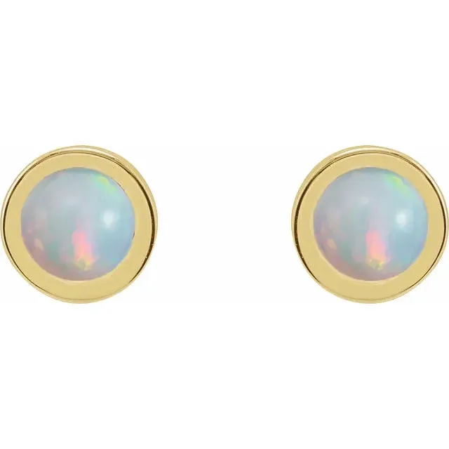 14k Gold Cabochon 4 mm Natural Rainbow Moonstone Bezel-Set Solitaire Stud Earrings