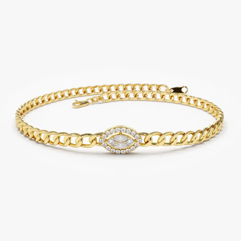 14k Gold Curb Link Marquise Diamond Illusion Setting Bracelet