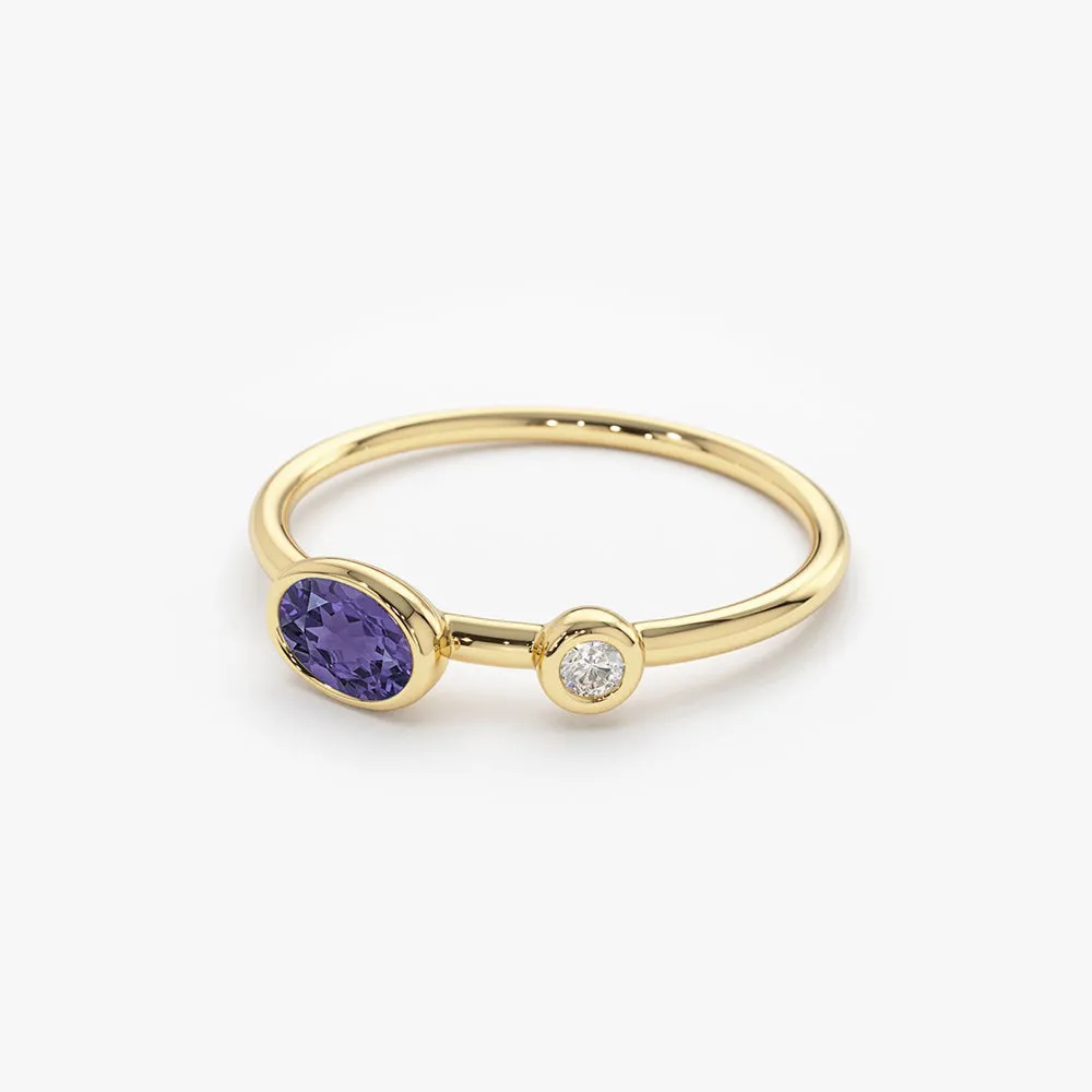 14K Gold Oval Shape Amethyst and Diamond Ring