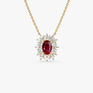 14k Oval Shape Ruby Necklace with Ballerina Baguettes