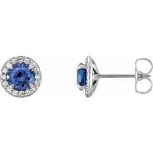 14K White 5 mm Natural Blue Sapphire & 1/8 CTW Natural Diamond Earrings