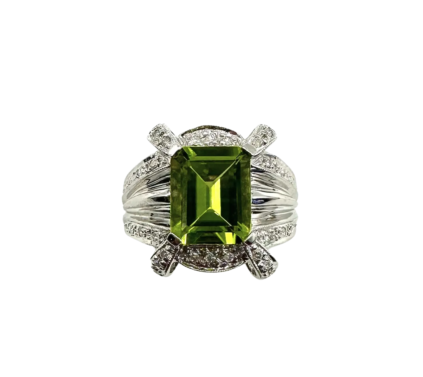 14k White Gold Emerald Cut Peridot Ring with Diamond Accent Stones