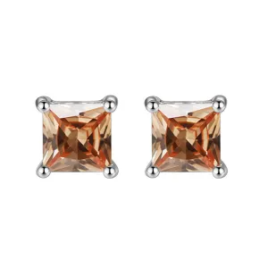 14k White Gold Plated 1 Carat Princess Cut Created Champagne Sapphire Stud Earrings