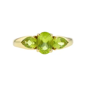 14K Yellow Gold 3-Stone Oval Green Peridot Ring