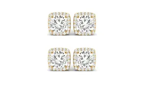 14k Yellow Gold 4mm 2Ct Cushion Cut White Sapphire Set Of Two Halo Stud Earrings Plated