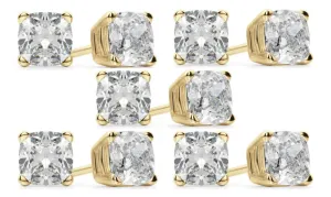 14k Yellow Gold 6mm 1Ct Cushion Cut White Sapphire Set Of Five Stud Earrings Plated