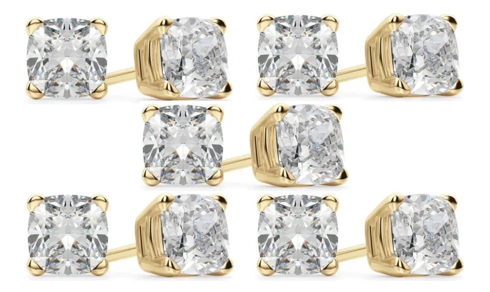 14k Yellow Gold 6mm 3Ct Cushion Cut White Sapphire Set Of Five Stud Earrings Plated