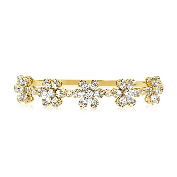 14K Yellow Gold Baguette Flower Bangle