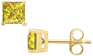 14k Yellow Gold Plated 1 Carat Princess Cut Created Yellow Sapphire Stud Earrings