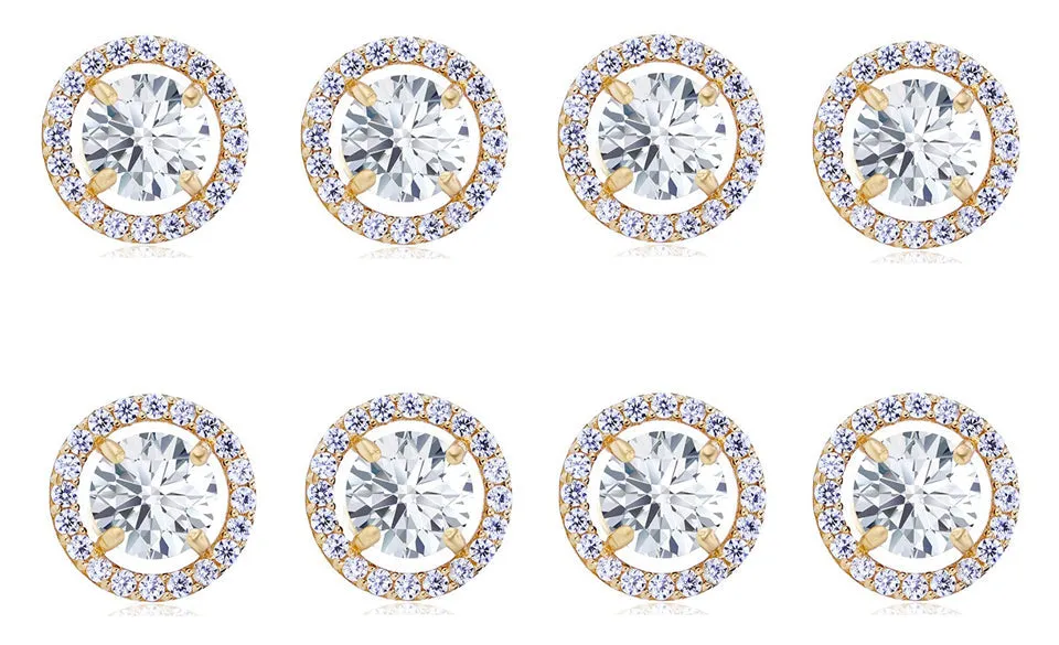 14k Yellow Gold Plated 4Ct Round White Sapphire Set Of Four Halo Stud Earrings