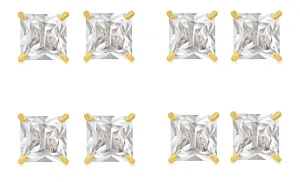 14k Yellow Gold Plated 4mm 1/2Ct Square Cut White Sapphire Set Of Four Stud Earrings