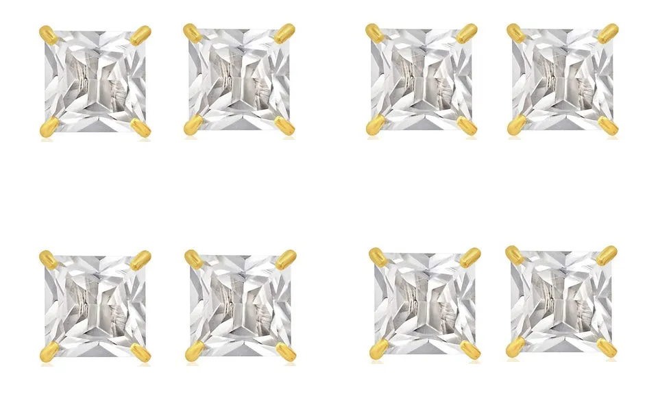 14k Yellow Gold Plated 4mm 3Ct Square Cut White Sapphire Set Of Four Stud Earrings