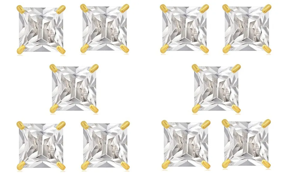 14k Yellow Gold Plated 6mm 3Ct Square Cut White Sapphire Set Of Five Stud Earrings