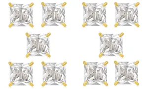 14k Yellow Gold Plated 6mm 3Ct Square Cut White Sapphire Set Of Five Stud Earrings