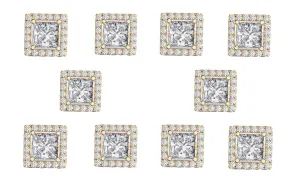 14k Yellow Gold Plated 6mm 4Ct Square Cut White Sapphire Set of Five Halo Stud Earrings