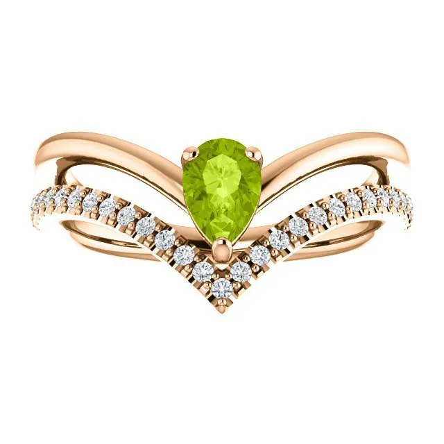 14KT GOLD  0.48 CT PERIDOT & 0.16 CTW DIAMOND NEGATIVE SPACE "V" RING