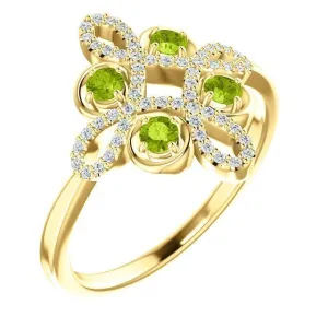 14KT GOLD .36 CTW PERIDOT & .16 CTW DIAMOND ACCENT CLOVER RING