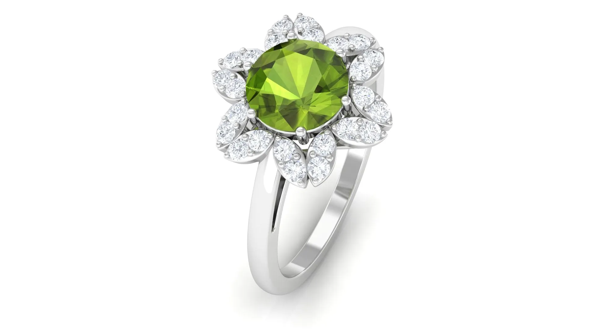 1.75 CT Real Peridot Flower Ring with Moissanite Halo