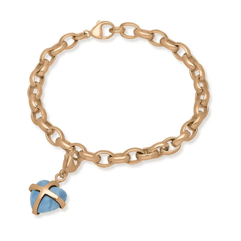 18ct Rose Gold Aquamarine Small Cross Heart Charm Bracelet