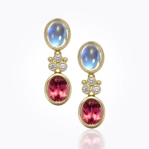 18K Classic Drop Earrings with royal blue moonstone, pink tourmaline and diamond