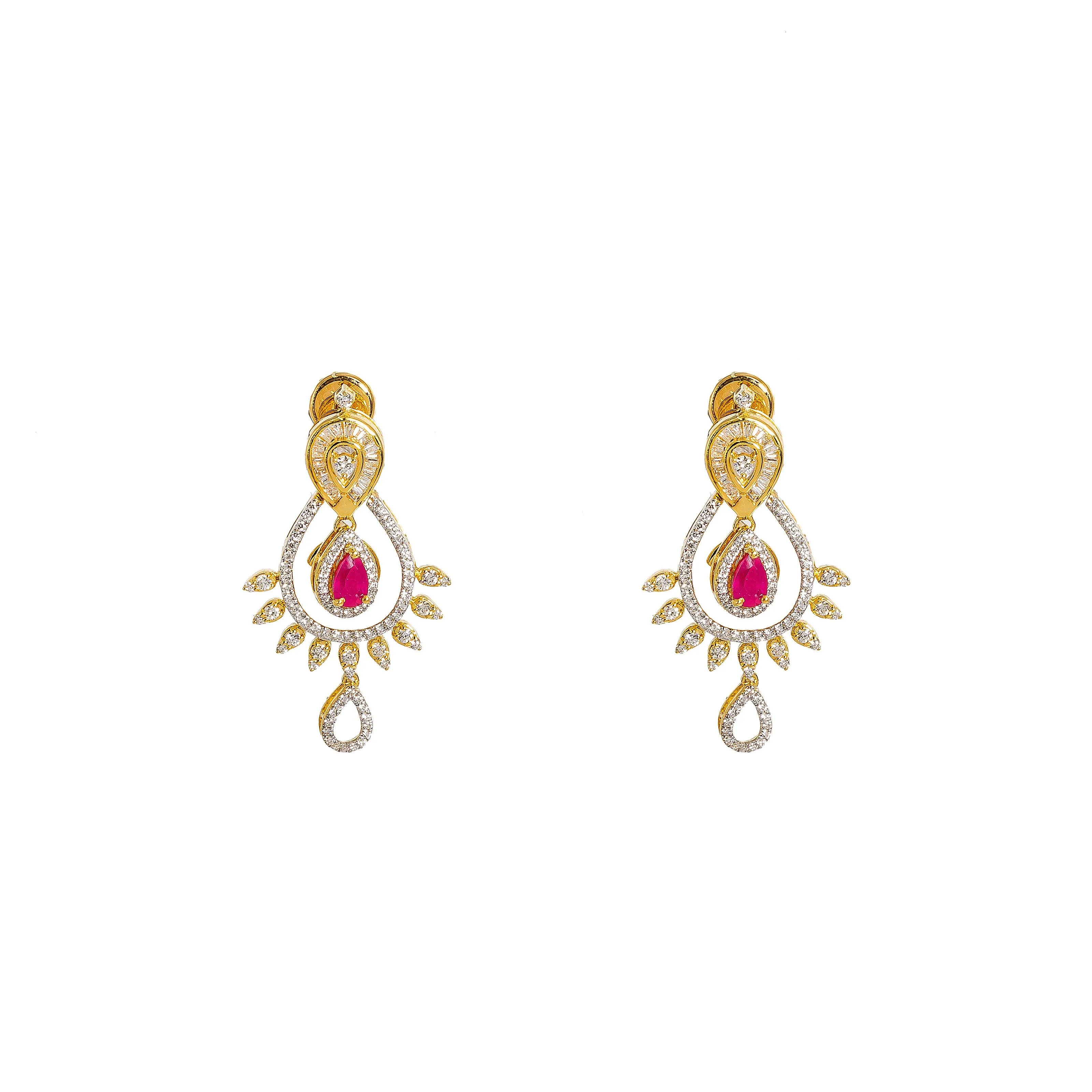 18K  Multi Tone Gold Diamond Necklace & Earrings Set W/ VVS Diamonds, Rubies, Emeralds & Faceted Pear Shape Details