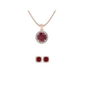 18K Rose Gold 3ct Halo Ruby Round 18 Inch Necklace and Halo Square Earrings Set Plated