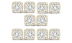 18k Yellow Gold 3Ct Cushion Cut White Sapphire Set Of Five Halo Stud Earrings Plated