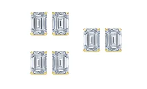 18k Yellow Gold 6mm 1Ct Emerald Cut White Sapphire Set Of Three Stud Earrings Plated