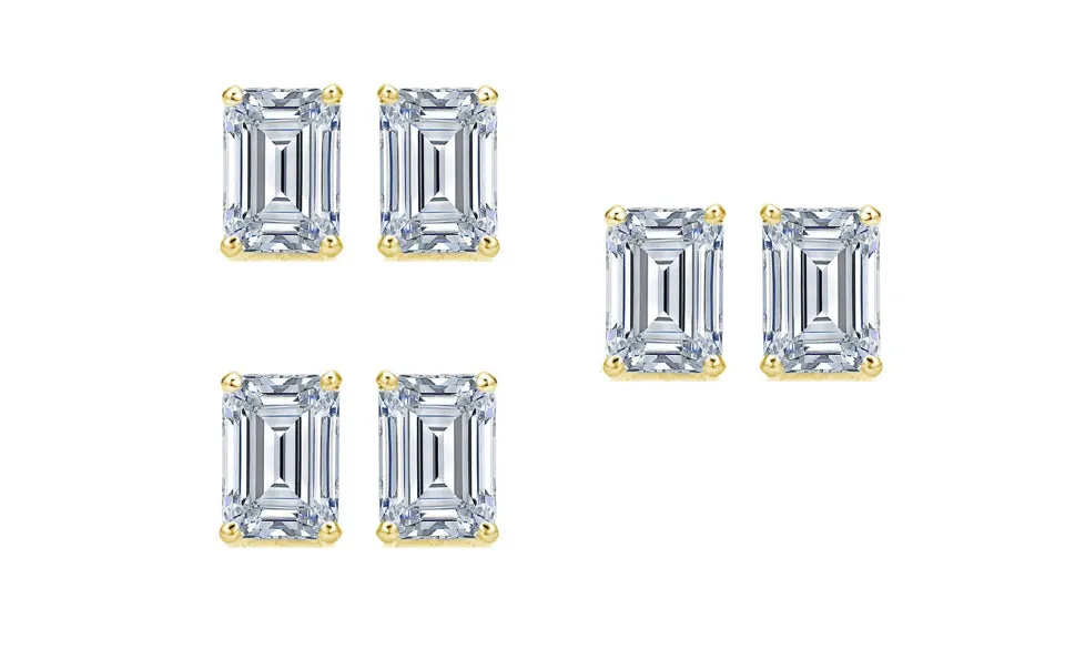 18k Yellow Gold 6mm 1Ct Emerald Cut White Sapphire Set Of Three Stud Earrings Plated