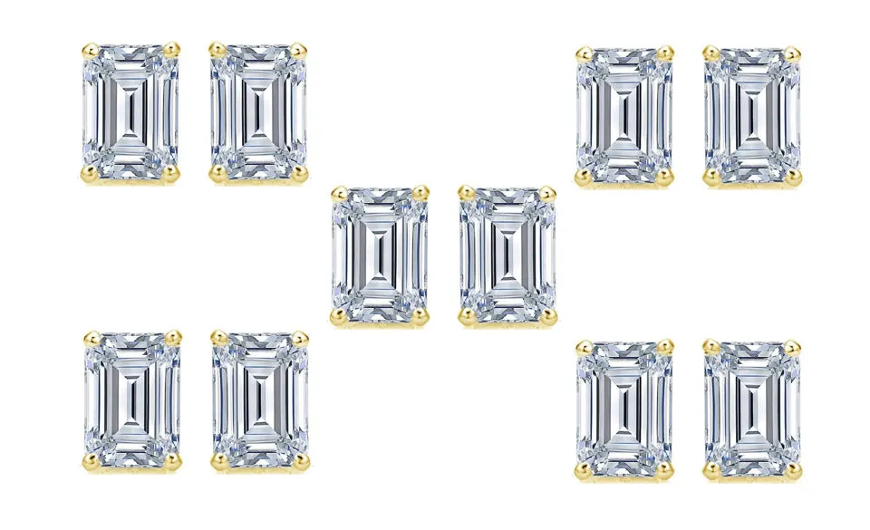 18k Yellow Gold 6mm 4Ct Emerald Cut White Sapphire Set Of Five Stud Earrings Plated