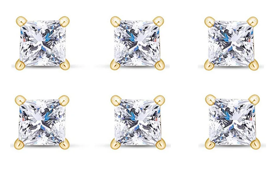 18k Yellow Gold Plated 4Ct Princess Cut White Sapphire Set Of Three Stud Earrings