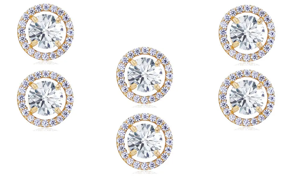 18k Yellow Gold Plated 6mm 3Ct Round White Sapphire Set of Three Halo Stud Earrings