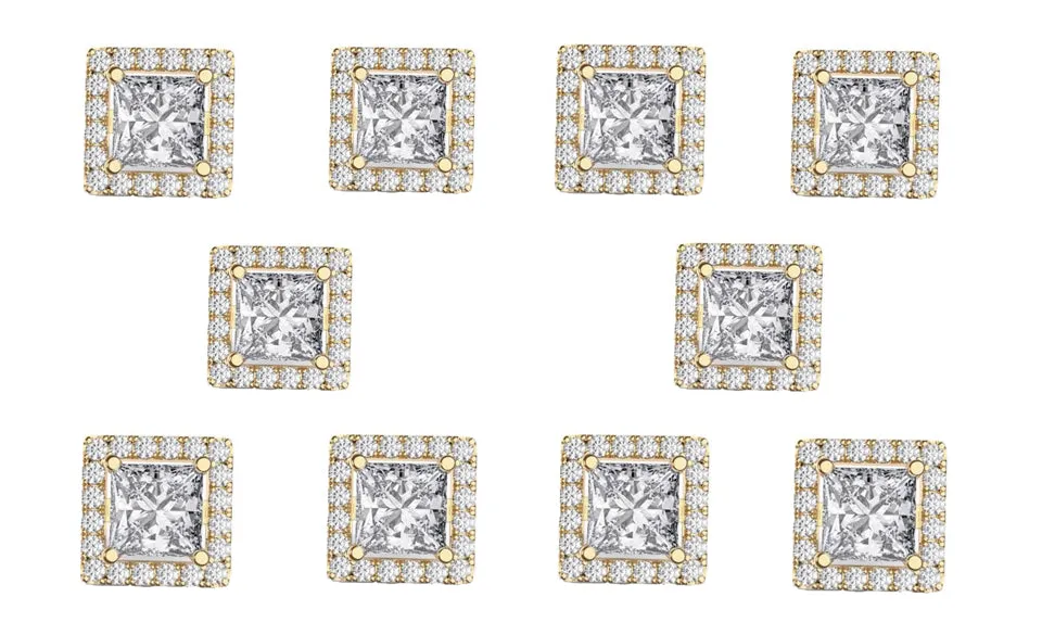 18k Yellow Gold Plated 6mm 3Ct Square Cut White Sapphire Set of Five Halo Stud Earrings