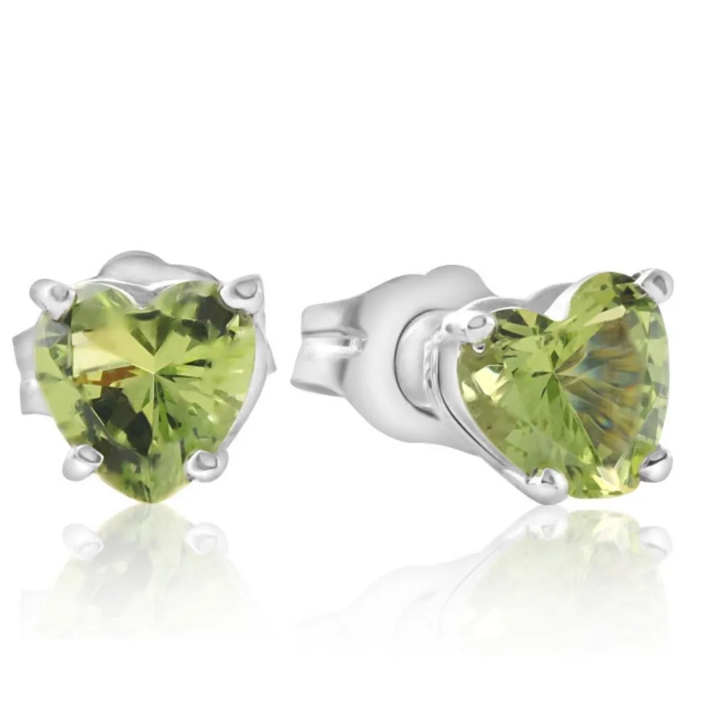 1ct Heart Shape Peridot Studs Solid 14K White Gold